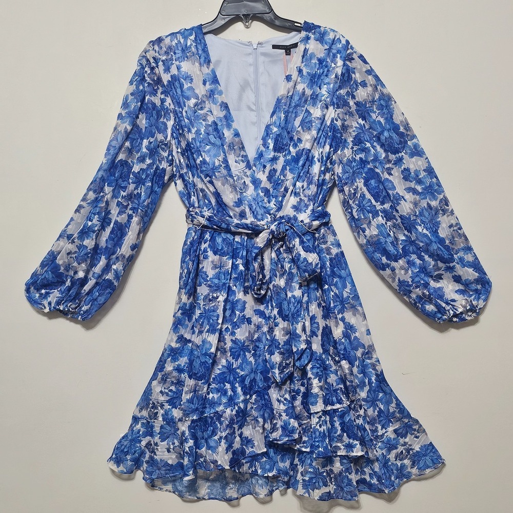 Alexis Marie Dress 14 White Blue V-neck‎ long Sleeve Knee-length Faux Wrap 0706